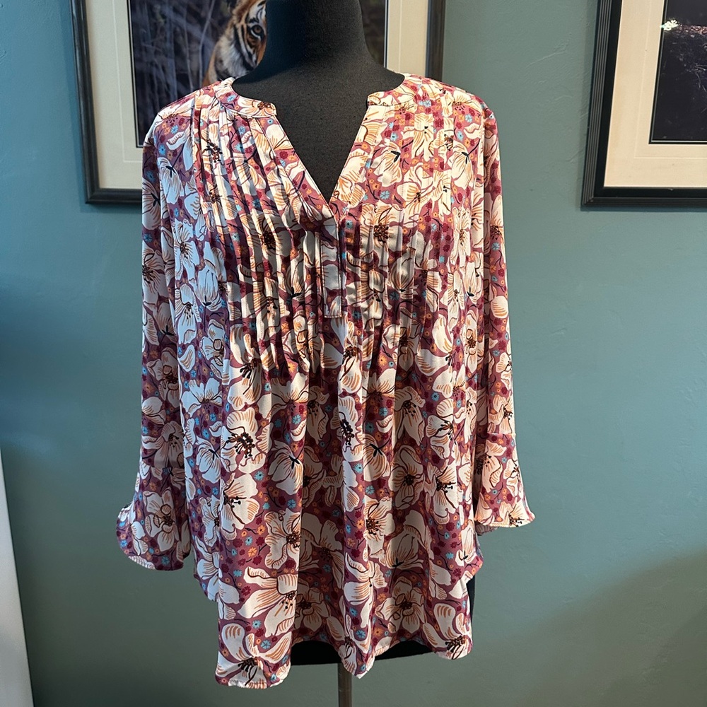 Style & Co Women’s Pink White Printed Pintuck Ruffle Sleeve Top PXL